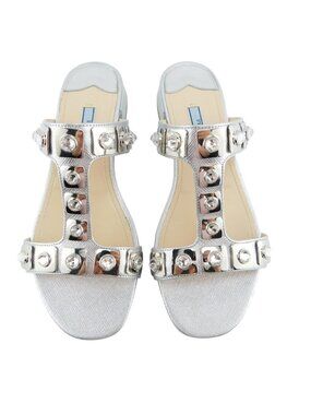 PRADA Crystal Embellished Silver Saffiano T-Strap Block Heel Slide Sandals 37.5